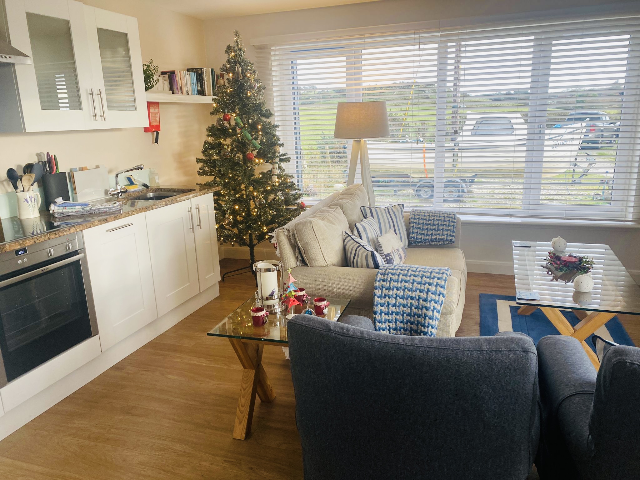The Boat House living room decorated for Christmas